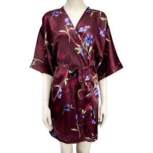 FASHION BUG Floral Red Kimono Robe Satin Knees Long Burgundy Color sz M